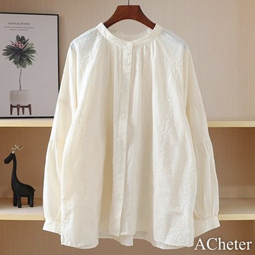 【ACheter】松垮燈籠長袖罩全棉小立領文藝森系大碼襯衫繡布短版小外罩上衣# 119032 (現貨+預購)