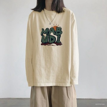 【台灣出貨】韓版長袖上衣女 棉t 大尺碼上衣 中長款上衣 印花t恤女 寬鬆上衣 顯瘦遮肉 內搭打底 薄長袖 日系女生上衣