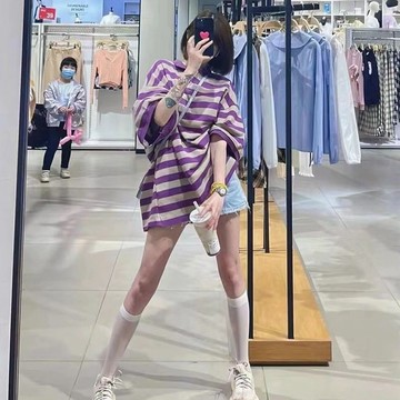 女裝上衣氣質寬鬆顯瘦雪紡v領百搭短袖上衣短袖t恤女裝下半身失蹤紫色條紋短袖T恤女夏天polo領衫大碼寬鬆