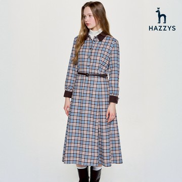 【HAZZYS】女款淺藍色格紋棉質舒適附腰帶休閒法蘭絨格紋長袖連身裙 YSWCD902