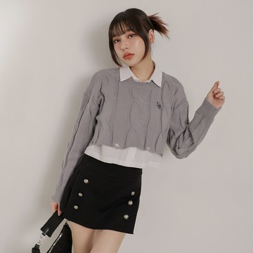 刺繡麻花短版毛衣-灰【KT222795】