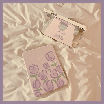 油畫紫色郁金香360度旋轉iPad10保護套2024新款適用蘋果iPad10.2寸mini6平板Air4/5保護殼pro女軟9.7帶筆槽