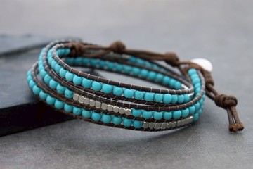 真皮串珠手鍊編織對比男人藍色女人銀立方體