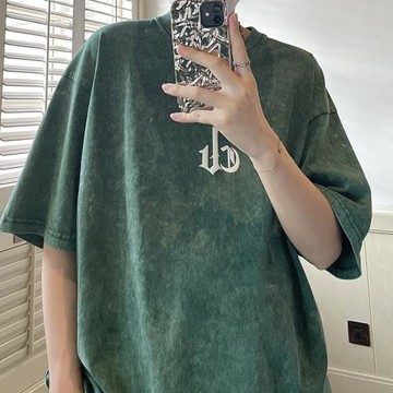 美式做舊t恤男夏季潮牌復古鹿皮絨短袖發泡印花上衣圓領半袖體恤