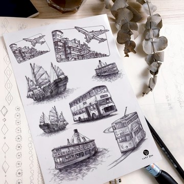 經典懷舊香港交通工具刺青紋身貼紙KMB九巴士電車天星小輪舊帆船