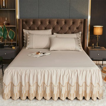 高端長絨棉純棉床裙床罩單件刺繡花邊全棉純色床單三件套四季通用