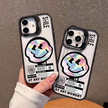 彩色潮流笑臉 適用iPhone17/15Plus/16Pro/14/13 隱形鏡頭支架蘋果磁吸殼 全包防摔硬殼 送鏡頭貼