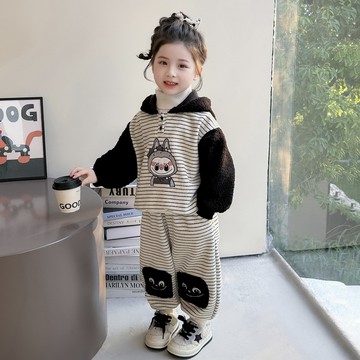 【中小女童】卡通條紋刷絨套裝