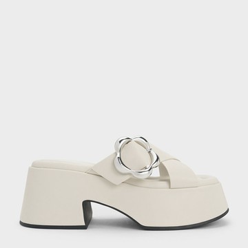 小花釦交叉帶厚底拖鞋