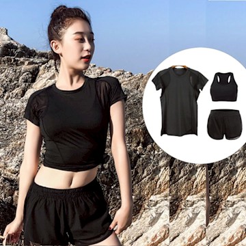 Biki.泳衣泳裝隆拉後紗短袖M-3L速乾短褲三件式泳裝