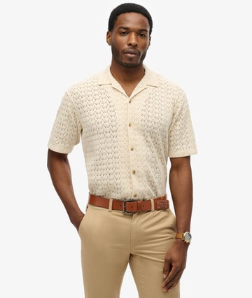 Superdry Men's Knitted Texture Shirt Cream Size: L