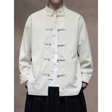 新中式秋冬燈芯絨唐裝外套男士拼色大碼盤扣中山裝復古風夾克上衣