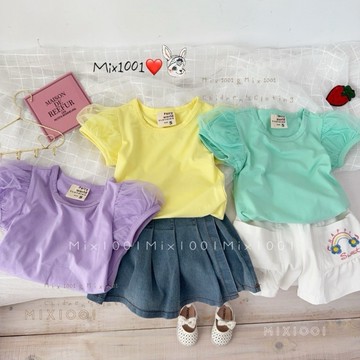 🌈✨mix1001夏日亮色彩素面單色上衣✨兒童紗紗蓬蓬網紗袖上衣 5-17