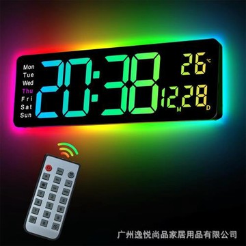 跨境RGB氛圍燈夜燈大屏電子掛鐘北歐數字鐘表簡約鬧鐘LED壁掛時鐘