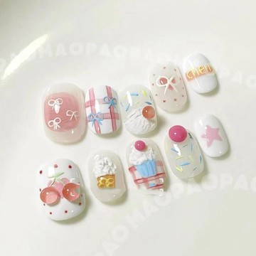 Yuki Nail手工立體可愛櫻桃成品手繪卡通純手工學生指甲穿戴短款可拆卸貼片