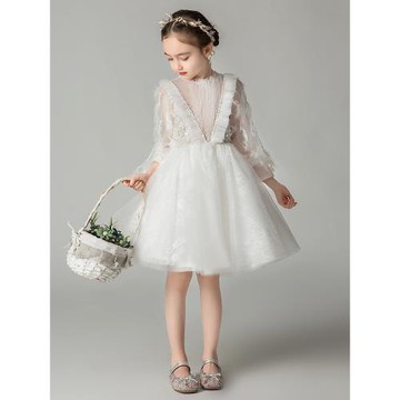 兒童禮服小女孩花童婚禮洋氣公主裙長袖女童白色生日表演出蓬蓬紗