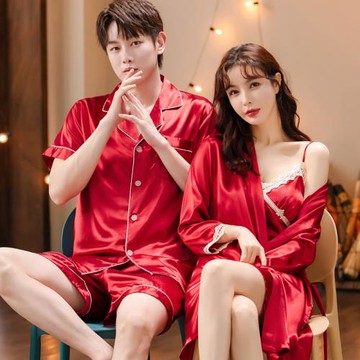 冰絲睡衣情侶睡袍女夏季結婚新婚紅色男士短袖睡裙性感帶胸墊套裝
