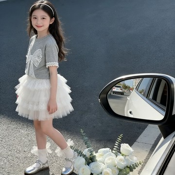 【中大女童/親子裝】蕾絲蝴蝶結T恤+蛋糕短裙套裝