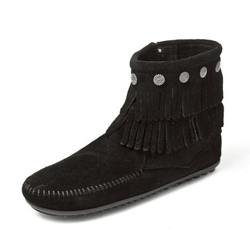 MINNETONKA 女 莫卡辛 黑色 素面平底 雙層麂皮 側邊拉鍊 流蘇踝靴 699