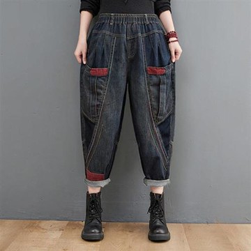【巴黎精品】牛仔褲丹寧長褲-大口袋休閒撞色寬褲女褲子a1aq58
