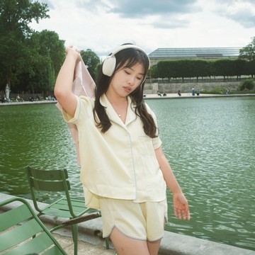 Rising Boutique 絲緞拼接短袖睡衣套裝-青檸黃 - Ｌ