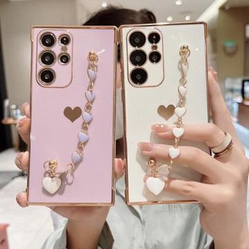 新款適用三星S25手機殼電鍍金邊Samsung愛心手鏈Galaxy保護套A16全包A55軟S24簡約A54純色硅膠氣囊防摔女輕奢