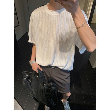 【二十三歲】臺灣出貨男士肌理感短袖t恤夏季薄款冰絲涼感上衣寬鬆潮流ins風透氣體恤