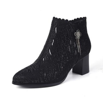 羊皮34-36羊京燙鉆 短靴2021新款秋冬女靴高跟靴子粗跟鞋馬丁8650