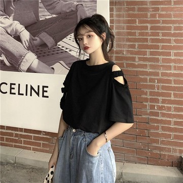 夏季 韓系 寬鬆短袖T恤女 寬鬆露肩鏤空小眾上衣 設計感ins潮 短袖t恤 正肩t恤 寬鬆t恤 黑色t恤 中大尺碼
