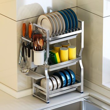 304不銹鋼碗架瀝水架廚房置物架臺面三層超窄款小型放碗碟收納架