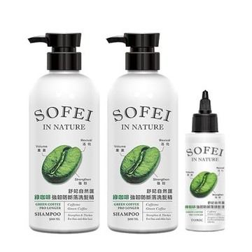 舒妃SOFEI 自然匯綠咖啡強韌防斷落洗髮精500mlx2入+頭髮液120ml(綠咖啡防斷養護組)
