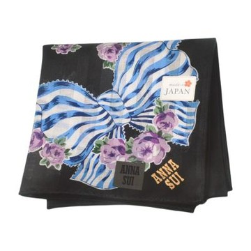 ANNA SUI 黑底紫玫瑰藍蝴蝶結棉質字母LOGO圖騰帕領巾(51CM)