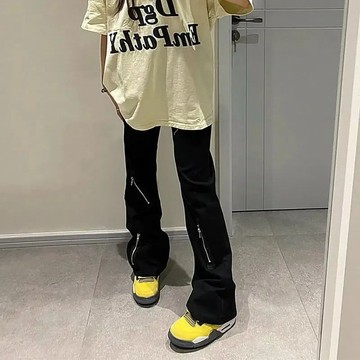 【老林】美式高街 Vibe風拉鏈牛仔褲男 小衆設計感ins潮牌喇叭褲 高腰闊腿褲