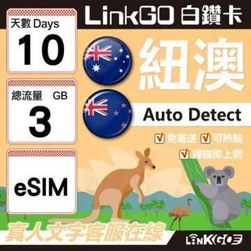 LINKGO白鑽卡 紐澳 eSIM卡 10天上網卡 總流量3GB 高速流量(紐澳網卡 紐西蘭 澳洲 虛擬卡)