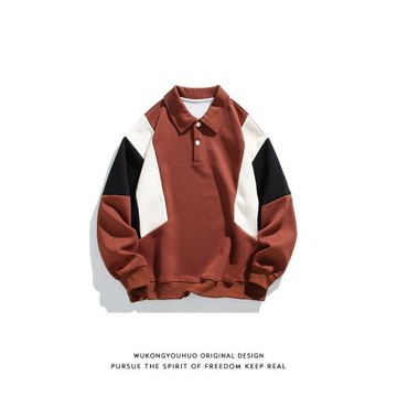 悟空有貨春季新款撞色拼接長袖POLO衫男潮牌寬松情侶休閑百搭衛衣