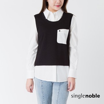 獨身貴族 率性黑白撞色假兩件長版造型襯衫(1色)