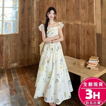 【梨卡】隔日到貨 女裝 洋裝 長裙【有內裡】顯瘦長裙 小飛袖方領 度假長裙 海邊長裙 氣質長裙 GA620【現貨24H】