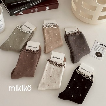 現貨襪子｜日系點點木耳邊毛圈中筒襪【OT350】加絨加厚 蘿莉風 大地色系 美拉德 保暖襪子 毛圈襪 月子襪 女襪