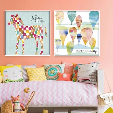 Deseertly 北歐裝飾畫 掛畫 外框畫 彩色 小馬 熱氣球 童趣 房客廳玄關餐廳壁畫 居家民宿店面裝飾畫