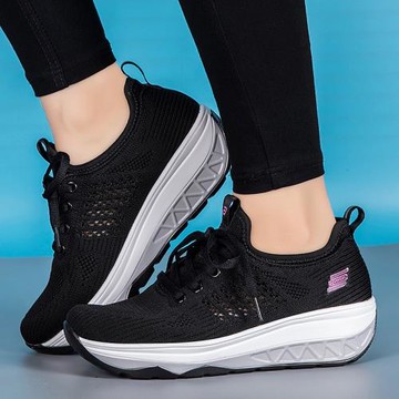 夏新款休閑鞋女百搭厚底舒適鞋子單網運動鞋利凡得圓頭系帶搖搖鞋