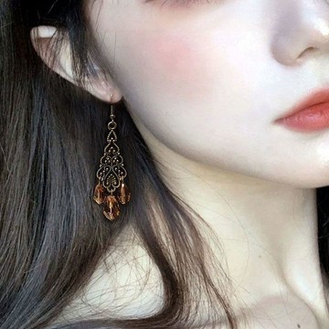 百搭耳環 🌈原創做舊黃銅復古流蘇黃水晶耳環女民族風氣質耳釘小衆高級夏天抗過敏 鋯石耳環 不褪色耳飾 耳針 耳釘 耳骨環