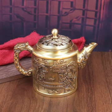 招財好運🙏🏻已過爐開光 山水茶壺 開運擺件 步步高陞 黃銅山水茶壺百福高茶壺家居擺件茶具茶壺辦公室茶桌工藝品擺件