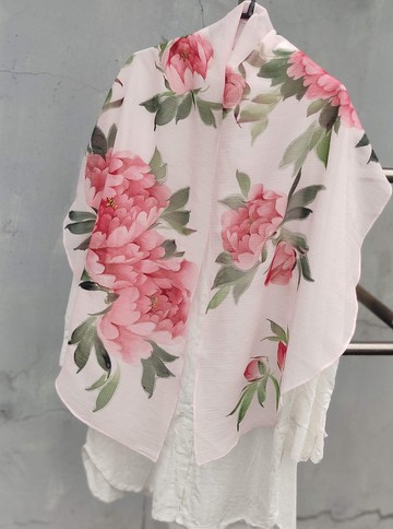 手繪雪紡輕清小圍巾~牡丹*石英粉