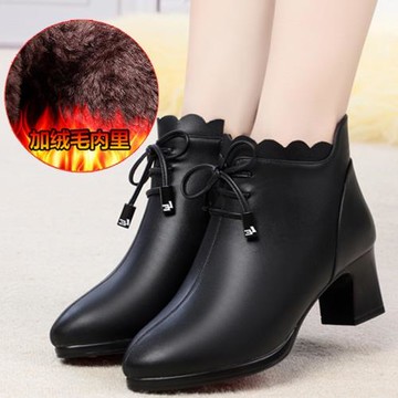 媽媽鞋棉鞋秋冬季短靴粗跟中年女鞋女士棉皮鞋真皮女靴子中跟棉靴