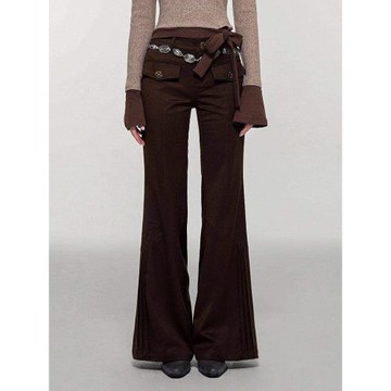 WAEW 原創復古棕色修身垂感辣妹設計感長褲分割顯瘦喇叭褲女秋冬