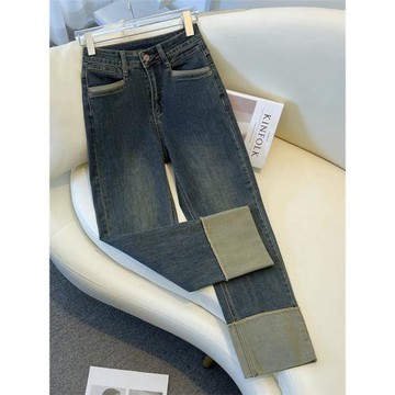 大碼煙管牛仔褲女冬季加絨梨形身材高腰顯瘦九分拼接卷邊直筒褲子