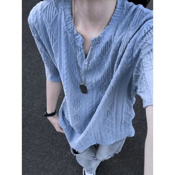 【臺灣出貨】老錢風鏤空網孔V領T恤衫男士 百搭夏季透氣短袖潮牌痞帥半袖上衣