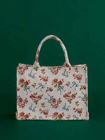 ART de LYS聯名-優雅玫瑰絲帶圖案方形托特包【M】(08000688900) - Maison de FLEUR