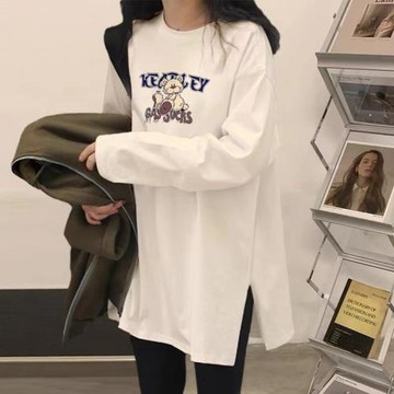 胖妹妹女裝240斤白色開叉長袖t恤女300斤遮肉顯瘦寬松體恤上衣秋