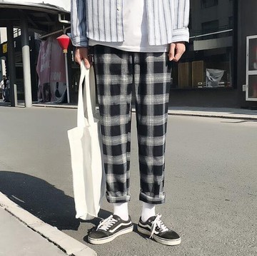 FINDSENSE Z1 韓國 時尚 潮 男女情侶款 寬鬆 加厚 格子 休閒長褲 九分褲